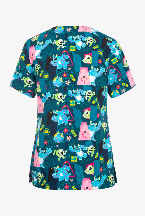 Tooniforms Disney's Monsters Inc Scare Floor Women's 3-Pocket STRETCH V-Neck Print Scrub Top - null - 2