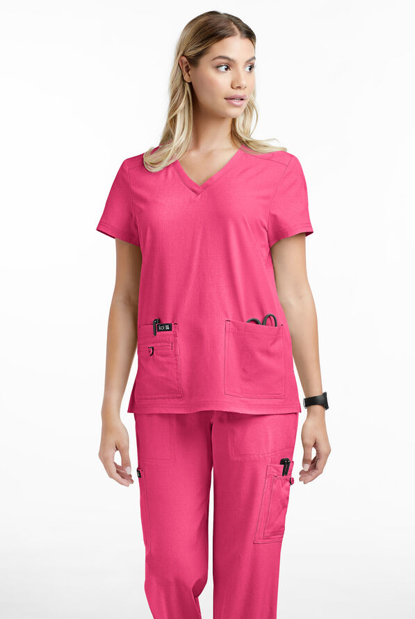 koi Basics Becca Women's 4-Pocket STRETCH V-Neck Scrub Top - Heather Pink Lemonade - 2