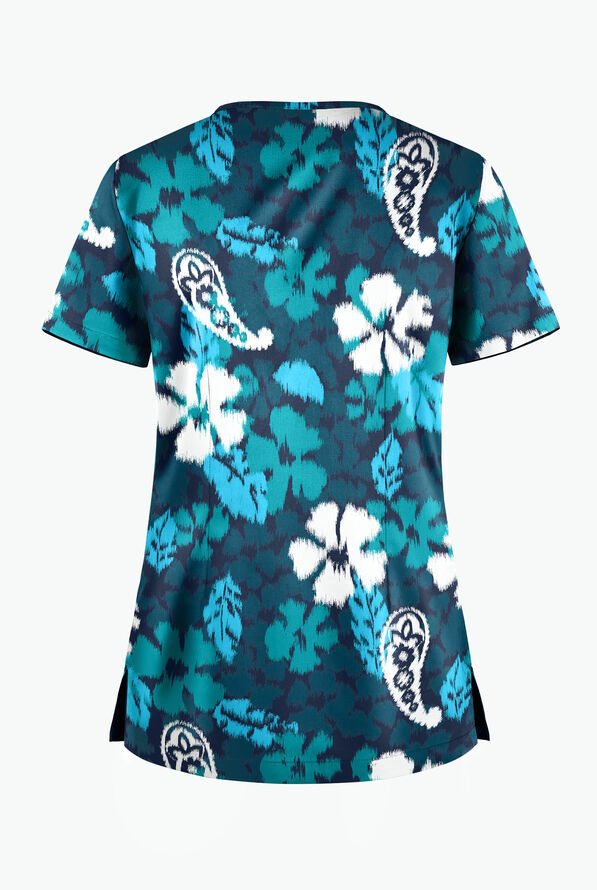 Butter-Soft Persian Ikat Navy Women's 1-Pocket V-Neck Tuck-In Print Scrub Top - null - 2
