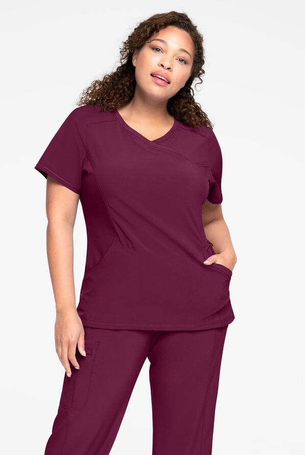 Infinity Women's 4-Pocket STRETCH Mock Wrap Scrub Top - Wine - 2