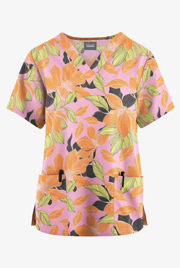 Butter-Soft Originals Lily Dreams Blush Women's 2-Pocket V-Neck Print Scrub Top - null - 1