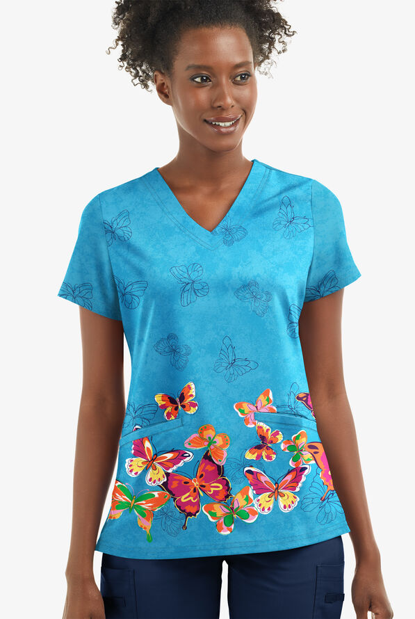 Butter-Soft STRETCH Butterfly Border Turquoise Women's 2- Pocket V-Neck Print Scrub Top - null - 1