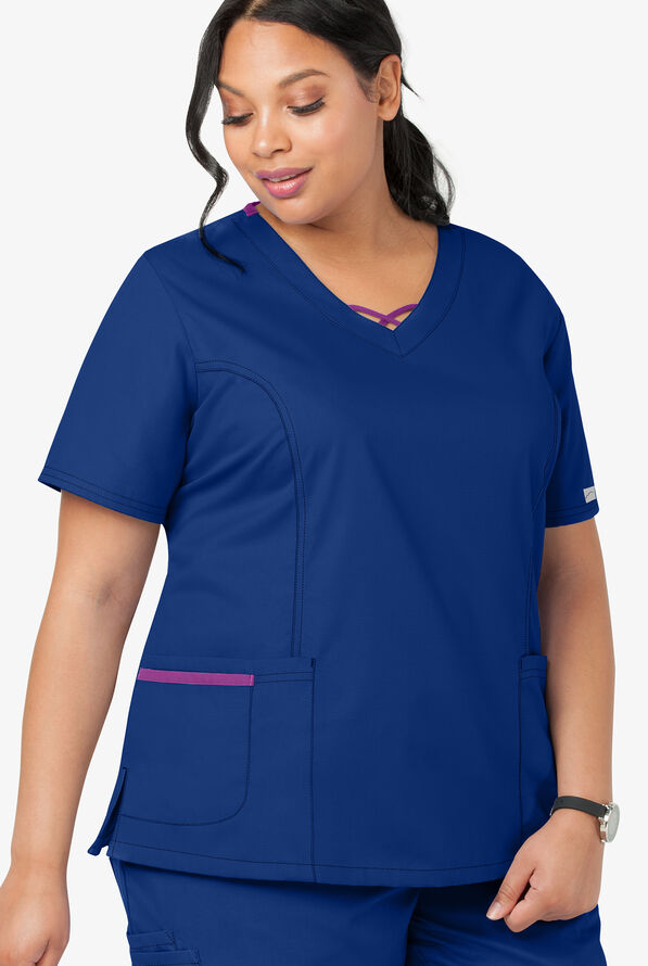 Butter-Soft Core Women's 3-Pocket Crisscross Contrast V-Neck Scrub Top - Galaxy/Berry Burst - 4