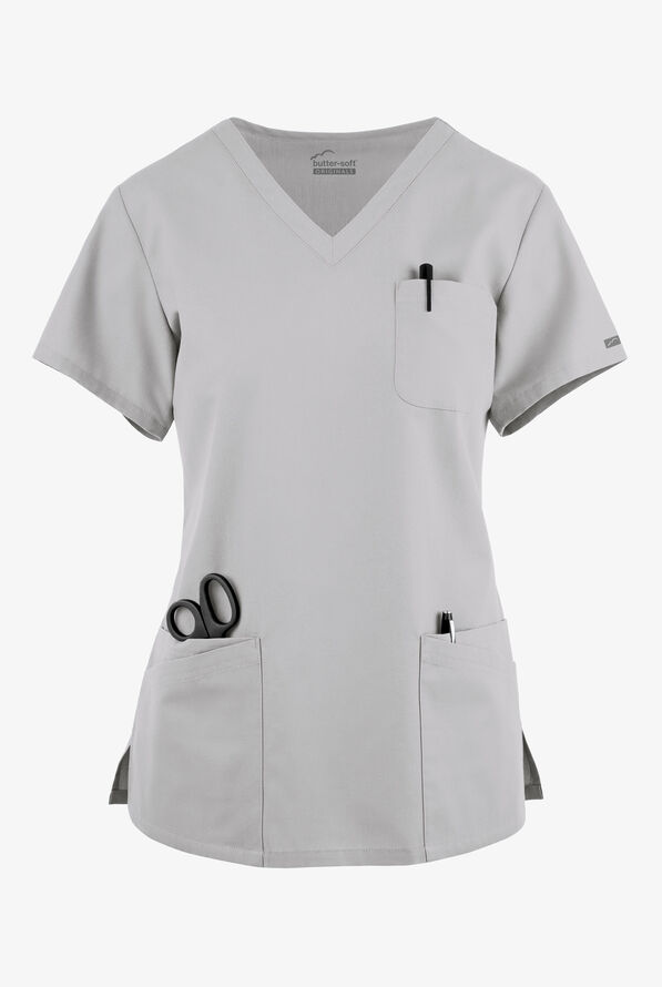 Blusa médica Butter-Soft Originals con cuello en V curvo y 7 bolsillos para mujer - Silver - 1