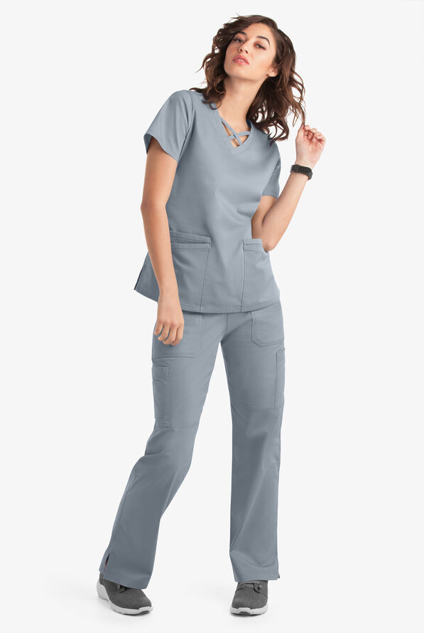 Blusa m&eacute;dica UA Butter-Soft STRETCH con lazos entrecruzados y 4 bolsillos para mujer - Silver - 6