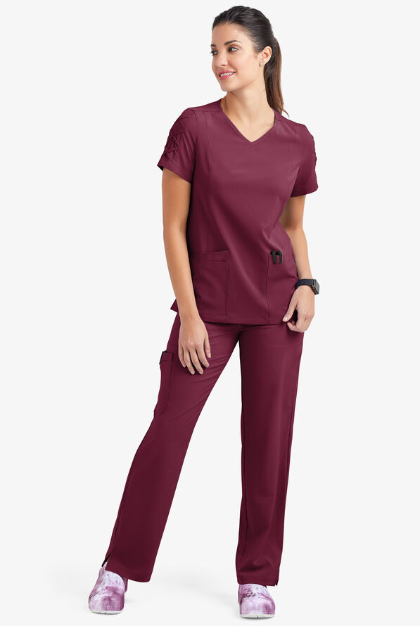Easy STRETCH Kylie Woman's 5 Pocket V-Neck With Criss-Cross Detail Scrub Top - Wine - 2