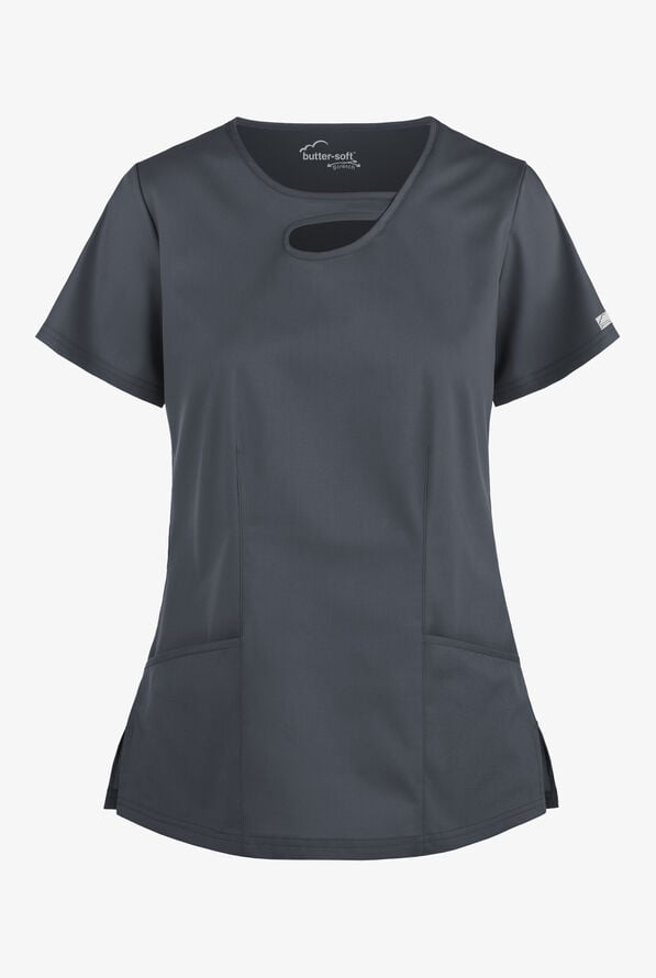 Blusa m&eacute;dica Butter-Soft STRETCH con cuello asim&eacute;trico tipo ojo de cerradura y 2 bolsillos para mujer - Pewter - 1