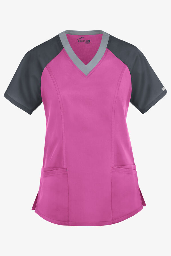 Butter-Soft STRETCH Women's 5-Pocket Active Color Block Scrub Top - Rosebud/Pewter/Silver - 1