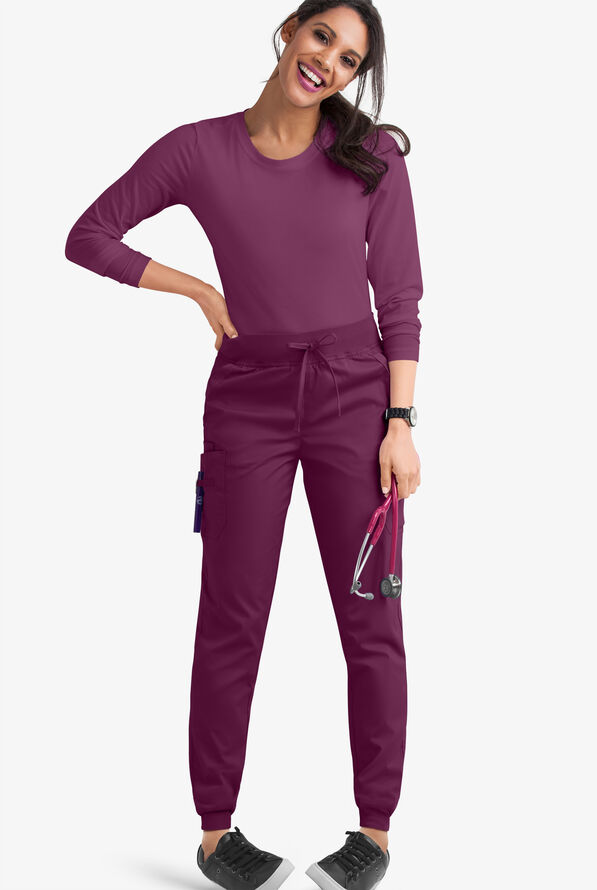 Butter-Soft STRETCH Women's 5-Pocket Cargo Jogger Scrub Pants - Petite - Wine - 2