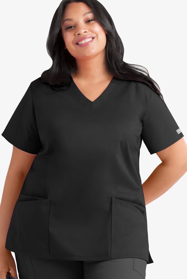 Blusa m&eacute;dica UA Butter-Soft STRETCH en talla grande con cuello en V y 4 bolsillos para mujer - Black - 1