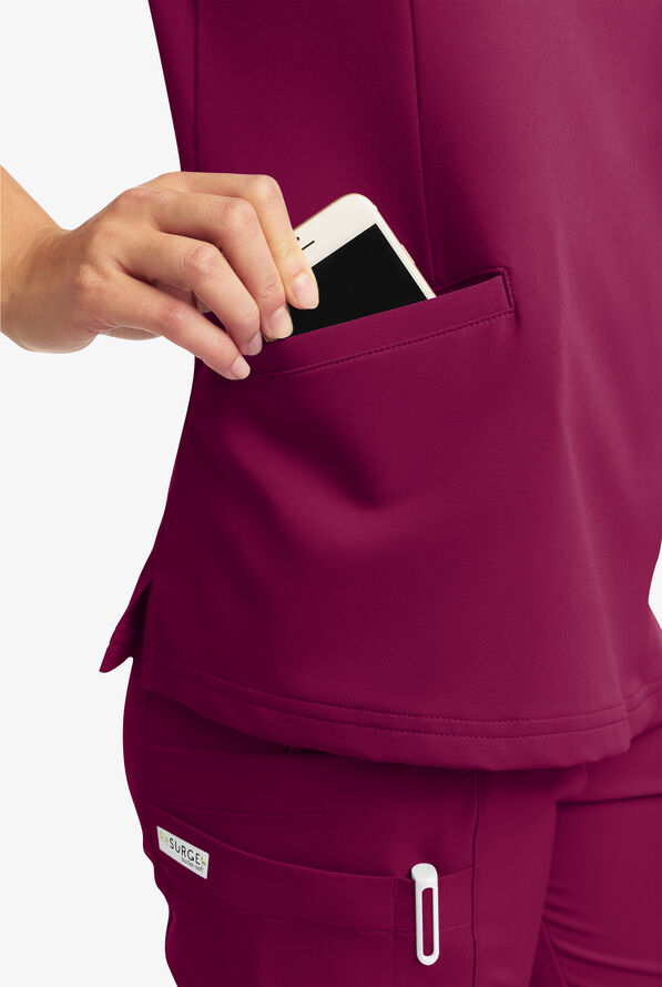 Butter-Soft Women's 5-Pockets Faux Wrap Scrub Top **Slightly IRREGULAR** - Wine - 2