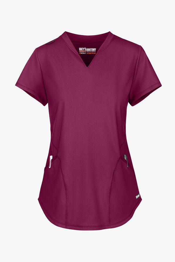 Grey's Anatomy by Barco Knit STRETCH Define Women's 2-Pocket Banded Notched V-Neck Scrub Top - Wine - 1