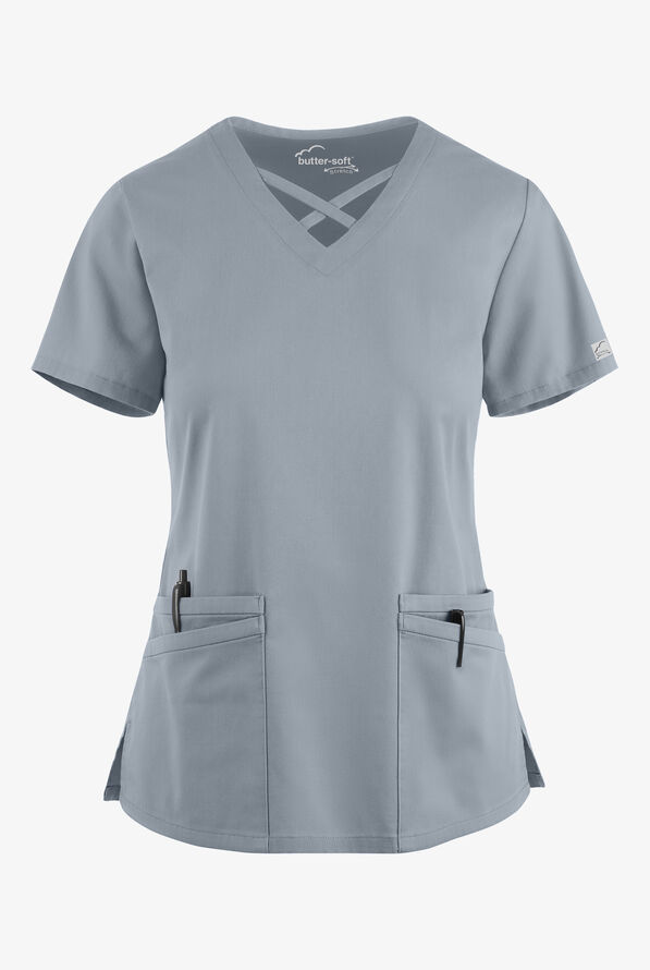 Butter-Soft STRETCH Women's 4-Pocket Crisscross Scrub Top - Silver - 1