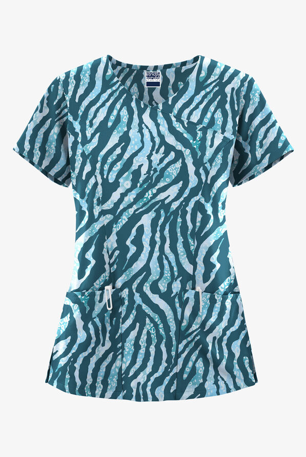 Strictly Scrubs STRETCH Tiger Fantasy Caribbean Women's 3-Pocket V-Neck Mock Wrap Print Scrub Top - null - 1