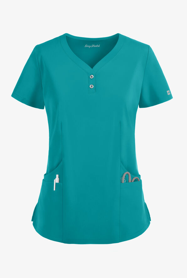 Easy STRETCH Demi Women's 4-Pocket Henley Scrub Top - Teal - 1