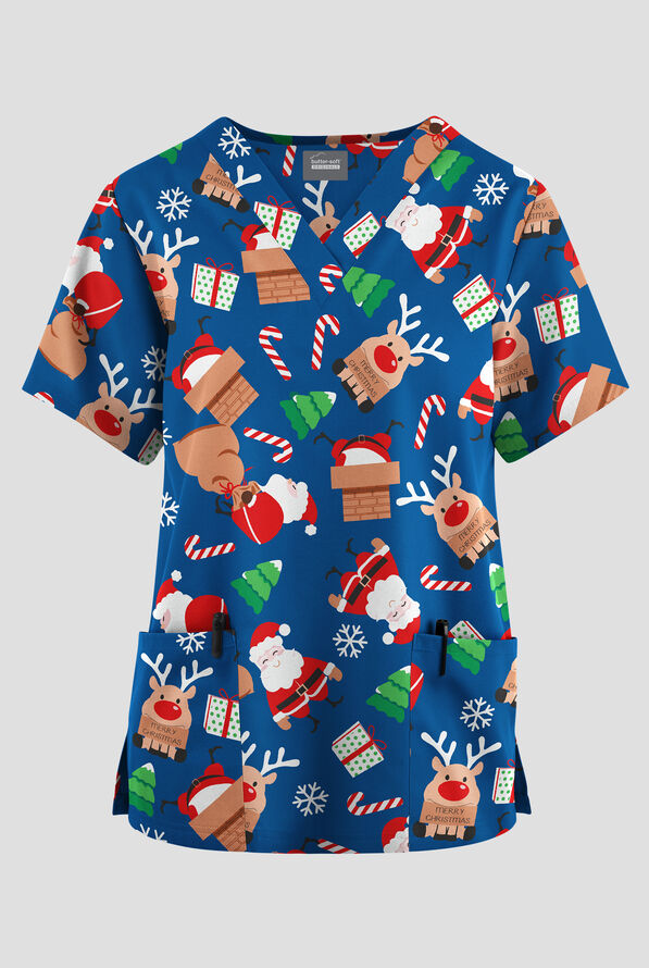 Butter-Soft Originals Christmas Magic Royal Women's 2-Pocket V-Neck Print Scrub Top - null - 1