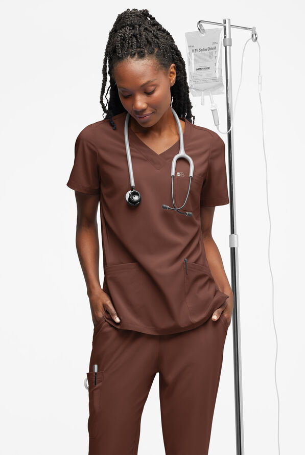 Blusa m&eacute;dica Easy STRETCH Tessa con cuello en V y 5 bolsillos para mujer - Double Espresso - 4