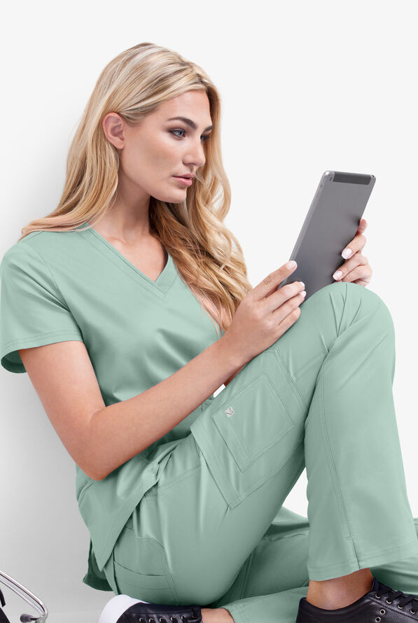 Butter-Soft STRETCH Women's 10-Pocket Active Yoga Scrub Pants - Tall - Eucalyptus Leaf/Pewter - 2