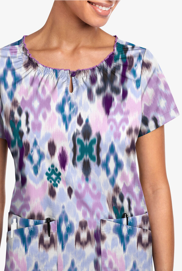 Butter-Soft STRETCH Varna Ikat Orchid Women's 6-Pocket Peasant Style Print Scrub Top - null - 2