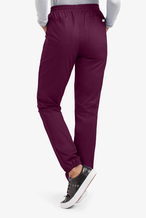 Butter-Soft STRETCH Women's 5-Pocket Jogger Scrub Pants - Petite - Wine - 2
