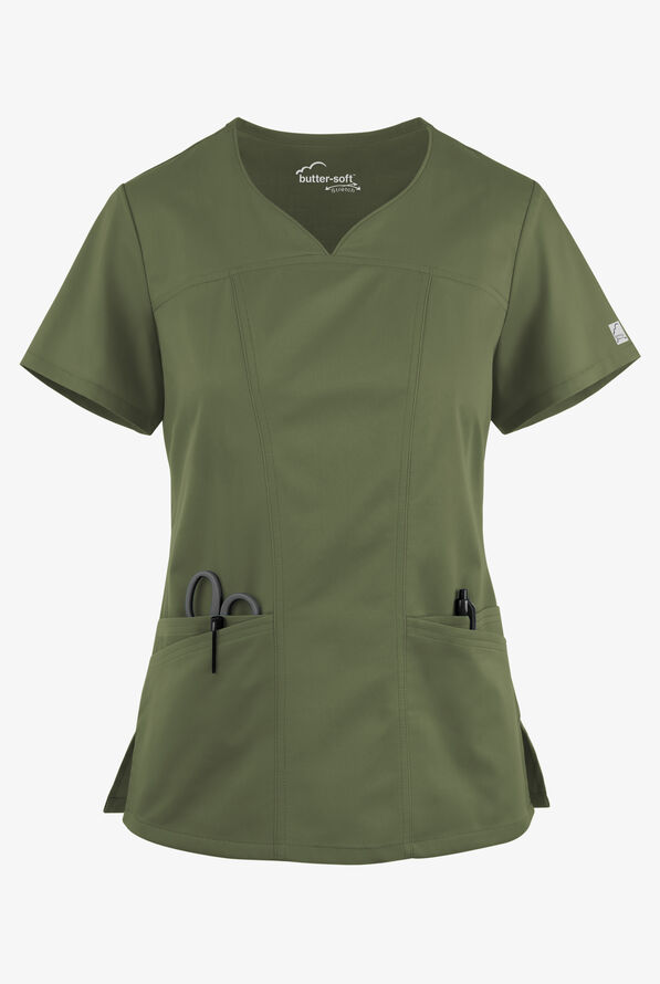 Butter-Soft STRETCH Women's 4-Pocket Sweetheart Neck Scrub Top - Light Olive - 1