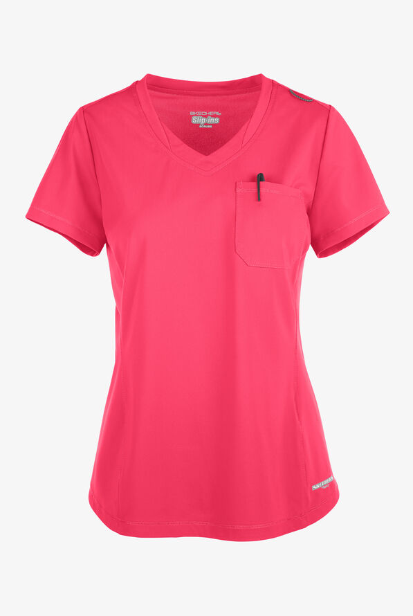 Skechers by Barco Slip-ins Flow Women's 1-Pocket STRETCH Tulip Hem Tuck In V-Neck Scrub Top - Punch Pink - 1