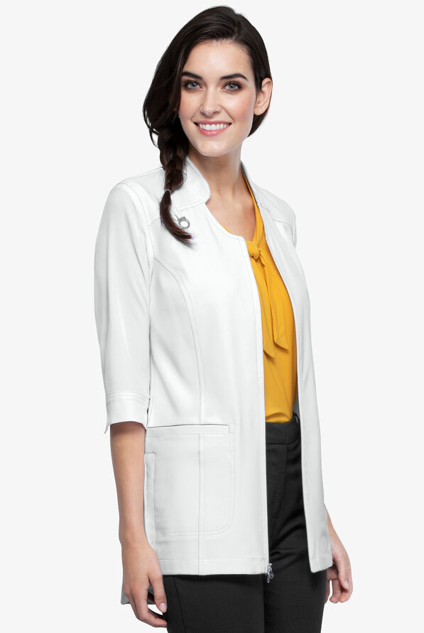 Infinity Women's 3-Pocket Double Zip Rib Knit Back Scrub Lab Coat - White - 5