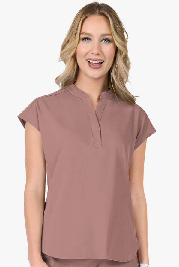 Zavate Ava Therese Piper Women's 2-Pocket STRETCH Dolman Sleeve Mandarin Collar Scrub Top - Mocha - 2
