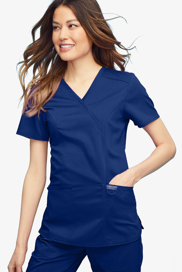 Cherokee Workwear Revolution Women's 2-Pocket STRETCH Mock Wrap Scrub Top - Galaxy - 2