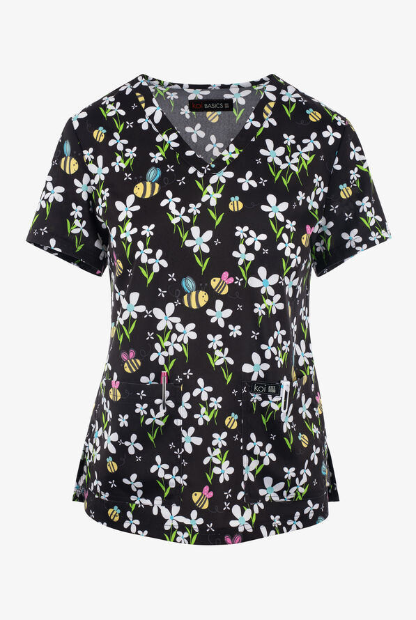 koi Basics Busy Bee Floral Women's 2-Pocket STRETCH V-Neck Print Scrub Top - null - 1
