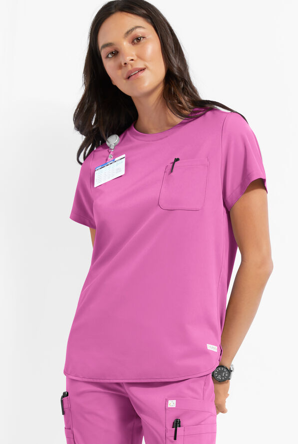 ReSurge Citrine Women's 1-Pocket Crew Neck Tuck In / Wear Out Scrub Top - Magnesium Pink - 2
