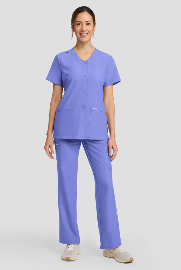 Cherokee Workwear Originals Ultra Women's 2-Pocket Snap Front V- Neck Scrub Top - Ceil Blue - 3