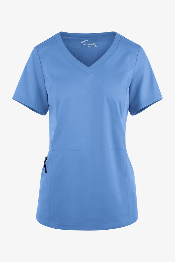 Blusa médica UA Butter-Soft STRETCH con detalle tejido y 3 bolsillos para mujer - Ceil Blue - 1