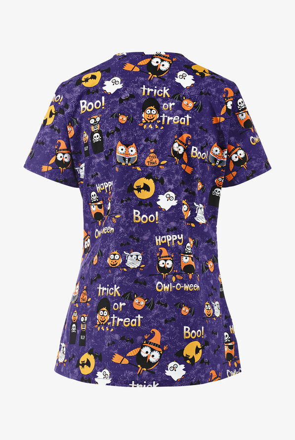 Dickies EDS Scrubs Happy Owl-o-ween Women's 2 Pockets STRETCH V-Neck Print Scrub Top - null - 2