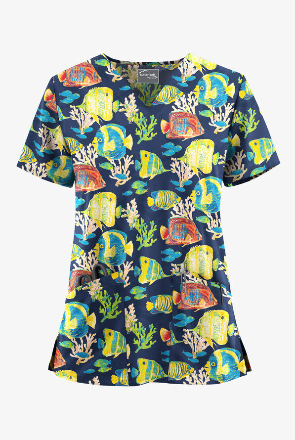 Butter-Soft STRETCH Tropical Reef Navy Women's 2-Pocket V-Neck Print Scrub Top - null - 1