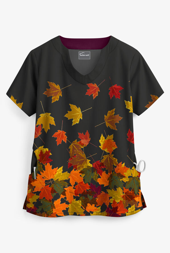 Butter-Soft Cascading Black Leaves Women's 2-Pocket  Scallop Neck Print Scrub Top - null - 1