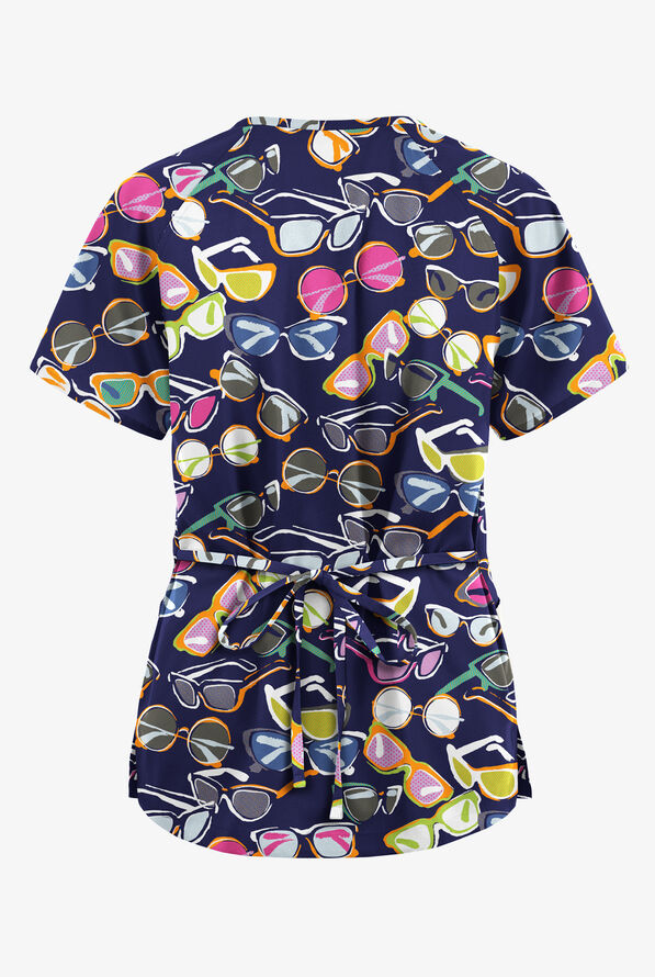 Butter-Soft Originals Fancy Shades Navy Women's 3-Pocket Mock Wrap with Ties Print Scrub Top - null - 2