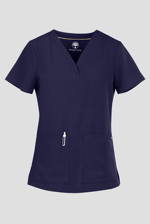 Healing Hands Quest Briana Women's 3-Pocket STRETCH Y-Neck Scrub Top - Navy - 1