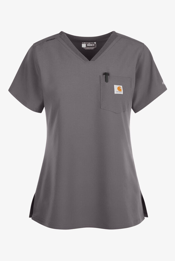 Carhartt Cross-Flex Force Women's 1-Pocket STRETCH Knit Panel Tuck In Scrub Top - Pewter - 1