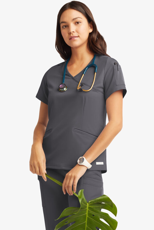 Butter-Soft Women's 5-Pockets Faux Wrap Scrub Top **Slightly IRREGULAR** - Pewter - 6