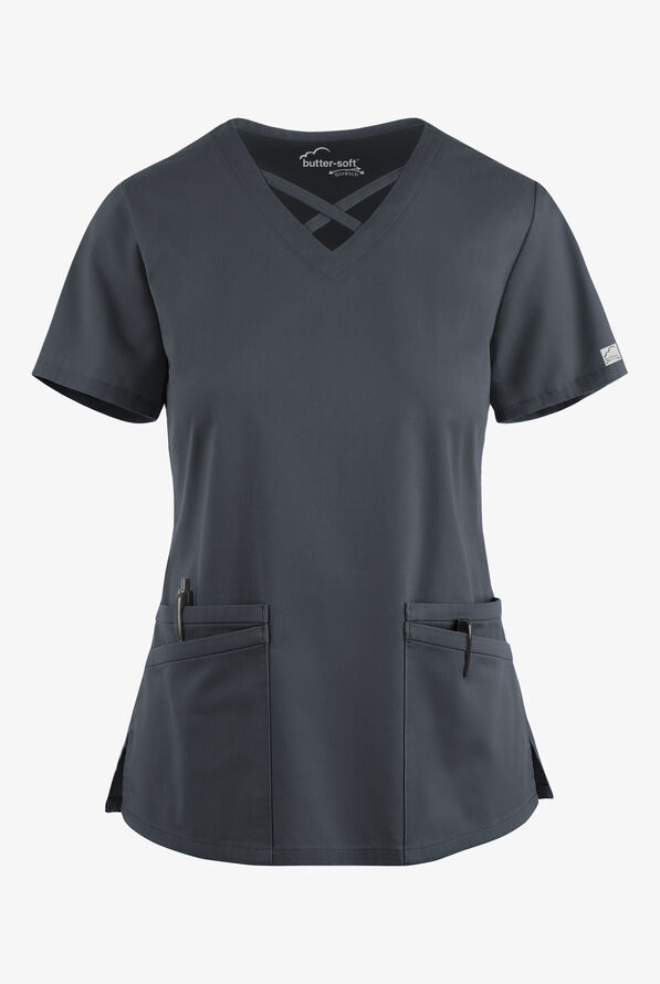 Butter-Soft STRETCH Women's 4-Pocket Crisscross Scrub Top - Pewter - 1