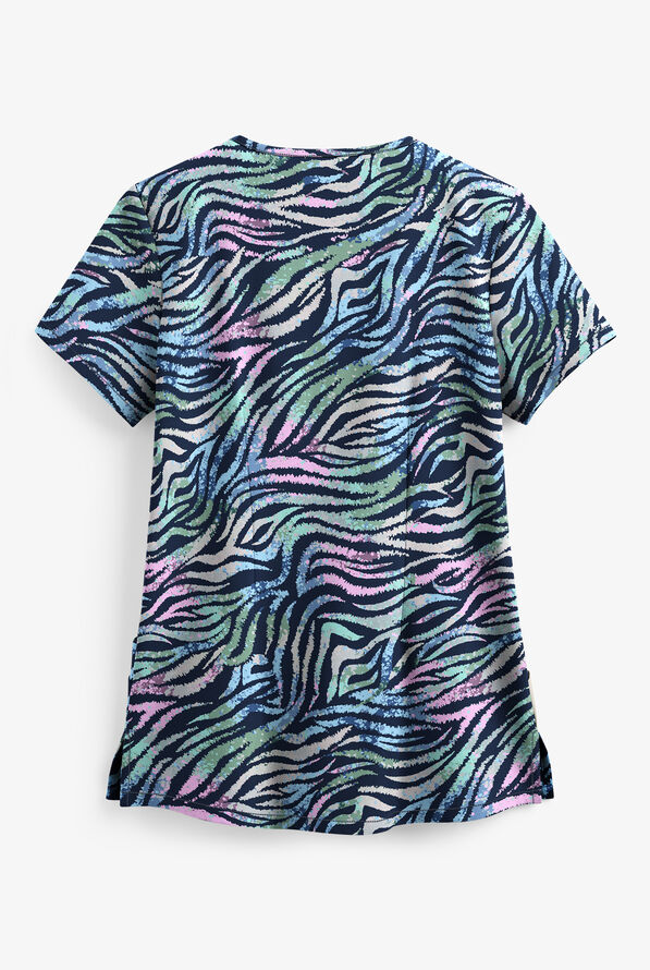 Butter-Soft Watercolor Zebra Navy Women's 4-Pocket Rounded V-Neck Print Scrub Top - null - 2
