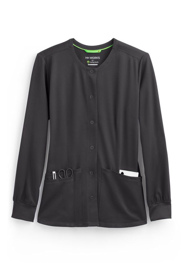 HH Works by Healing Hands Megan Women's 4-Pocket STRETCH Round Neck Warm-Up Scrub Jacket - Pewter - 1
