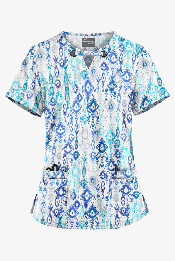 Butter-Soft STRETCH Cascading Ikat Amparo Blue Women's 4-Pocket Large Grommet Print Scrub Top - null - 1