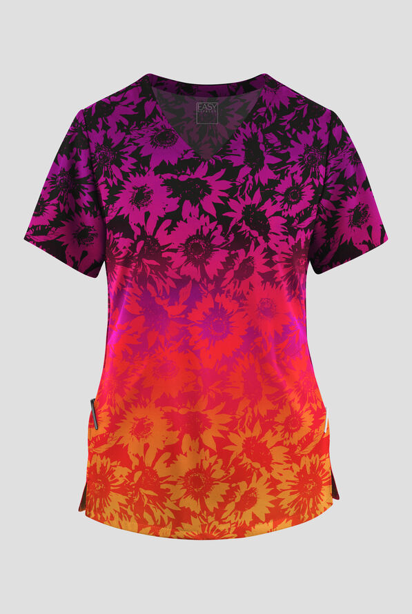 Easy STRETCH Sunflower Dusk Onyx Women's 2-Pocket V-Neck Print Scrub Top - null - 1