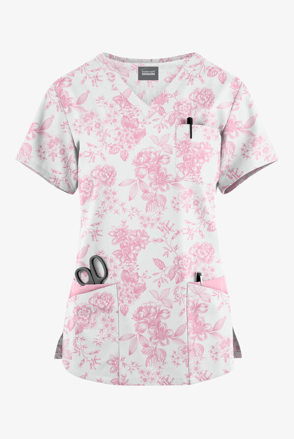 ButterSoft Originals Etched Roses Blush Women's 7Pocket Rounded V