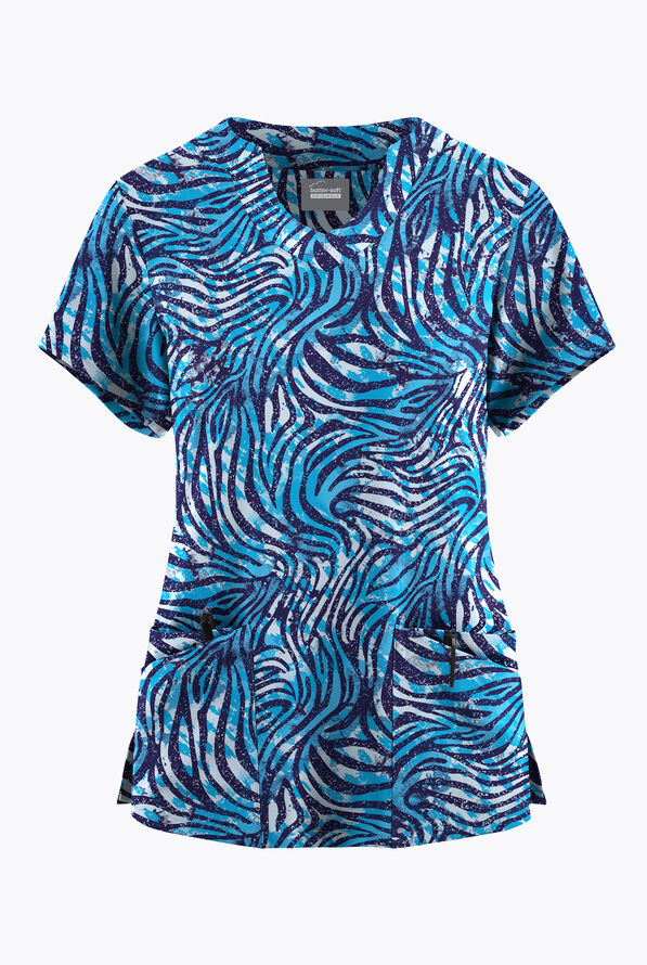 Butter-Soft Originals Abstract Zebra Turquoise Women's 6-Pocket Scallop Neck Print Scrub Top - null - 1