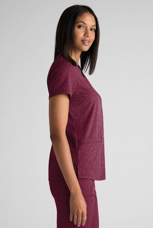 Easy STRETCH Lina Women's Jacquard 4-Pocket V-Neck Scrub Top - Wine - 4