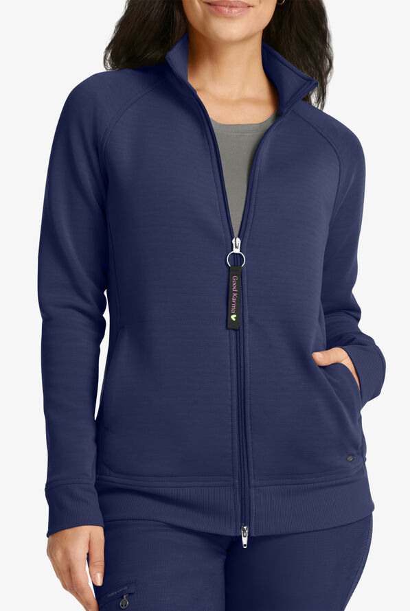 Healing Hands Purple Label Karma Women's 5-Pocket STRETCH Zip Front Scrub Jacket - Navy - 2