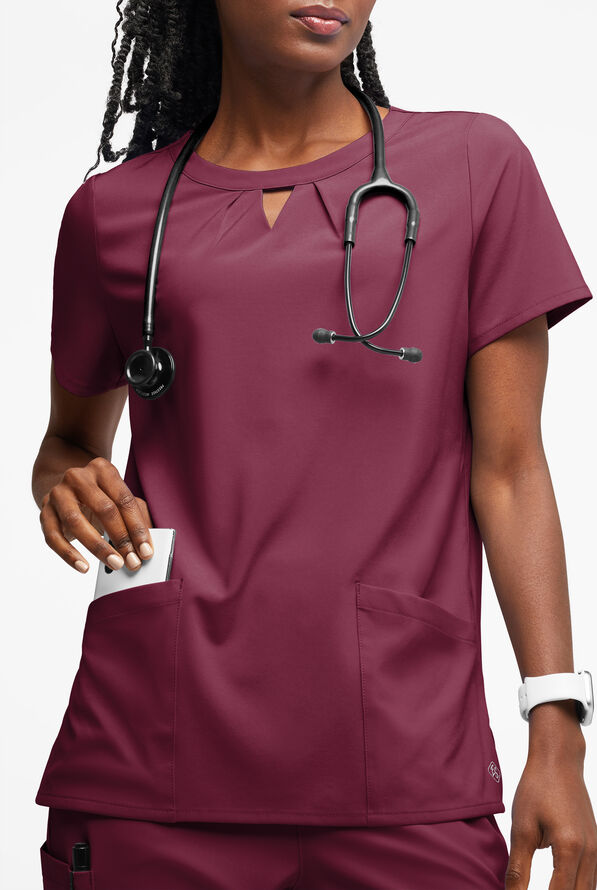 Easy STRETCH Salma Women’s 3-Pocket Keyhole Neck Scrub Top - Wine - 3